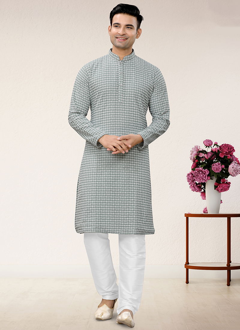 Light Gray Colour Outluk 114 Occasion Wear Mens Kurta Pajama Catalog 114003