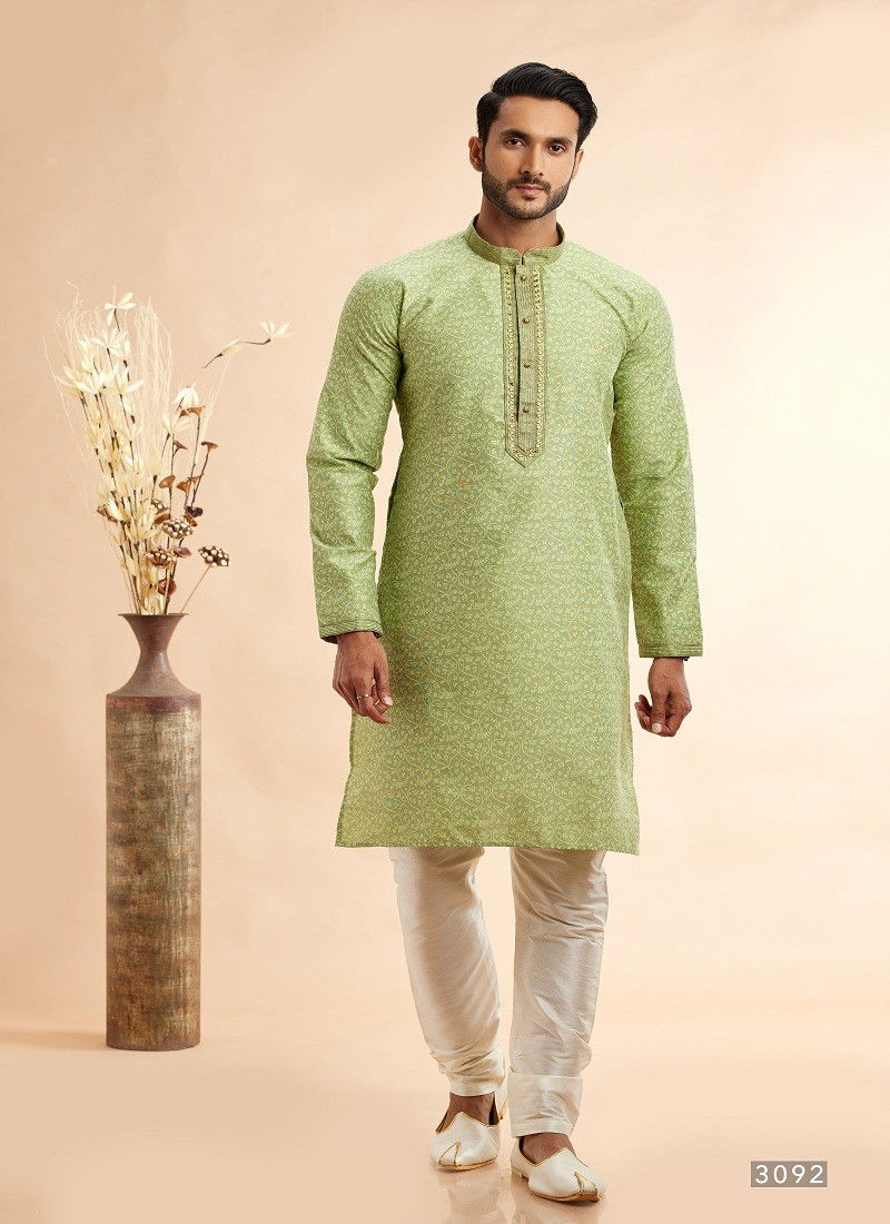 Light Green Colour Vol 93 Occasion Wear Jaquard Art Silk Mens Kurta Pajama Wholesale Online 3092