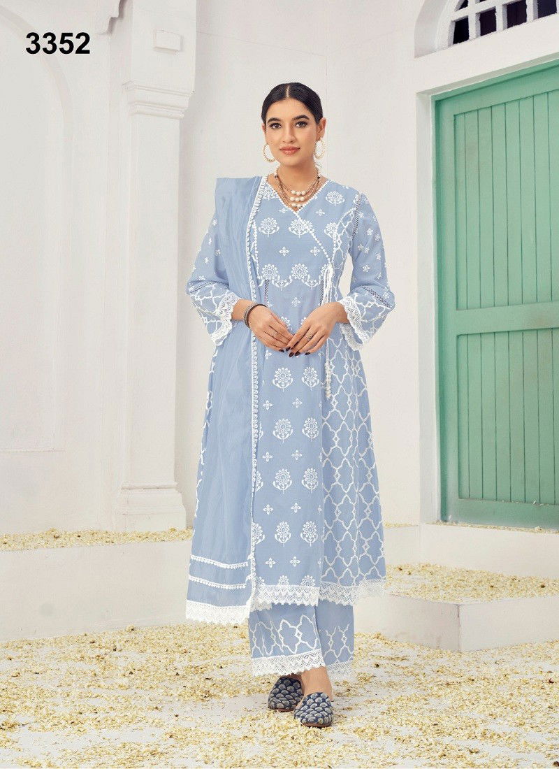 Light Grey Colour Lakhnawi By Jivora Embroidery Cotton Kurti With Bottom Dupatta 3352