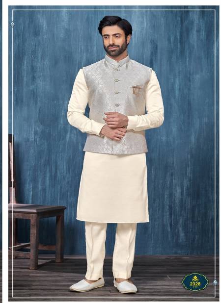 Light Grey Colour Wedding Wear Mens Modi Jacket Kurta Pajama Wholesale Price In Surat 2328