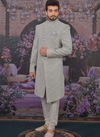 Light Grey Georgette Lucknawi Embroidered Fabric Wedding Designer Sherwani 180578