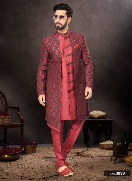 Light Maroon Colour GS Fashion Party Wear Mens Designer Indo Western Wholesale Clothing Distributors In India 3090
