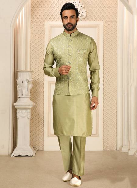 Light Mehndi Colour Function Wear Wholesale Kurta Pajama With Jacket Collection 1369