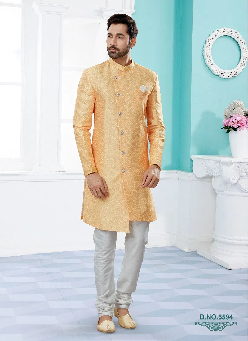 Light Orange Colour Vol 14 Party Wear Mens Sherwani Wholesale Shop In Surat 5594