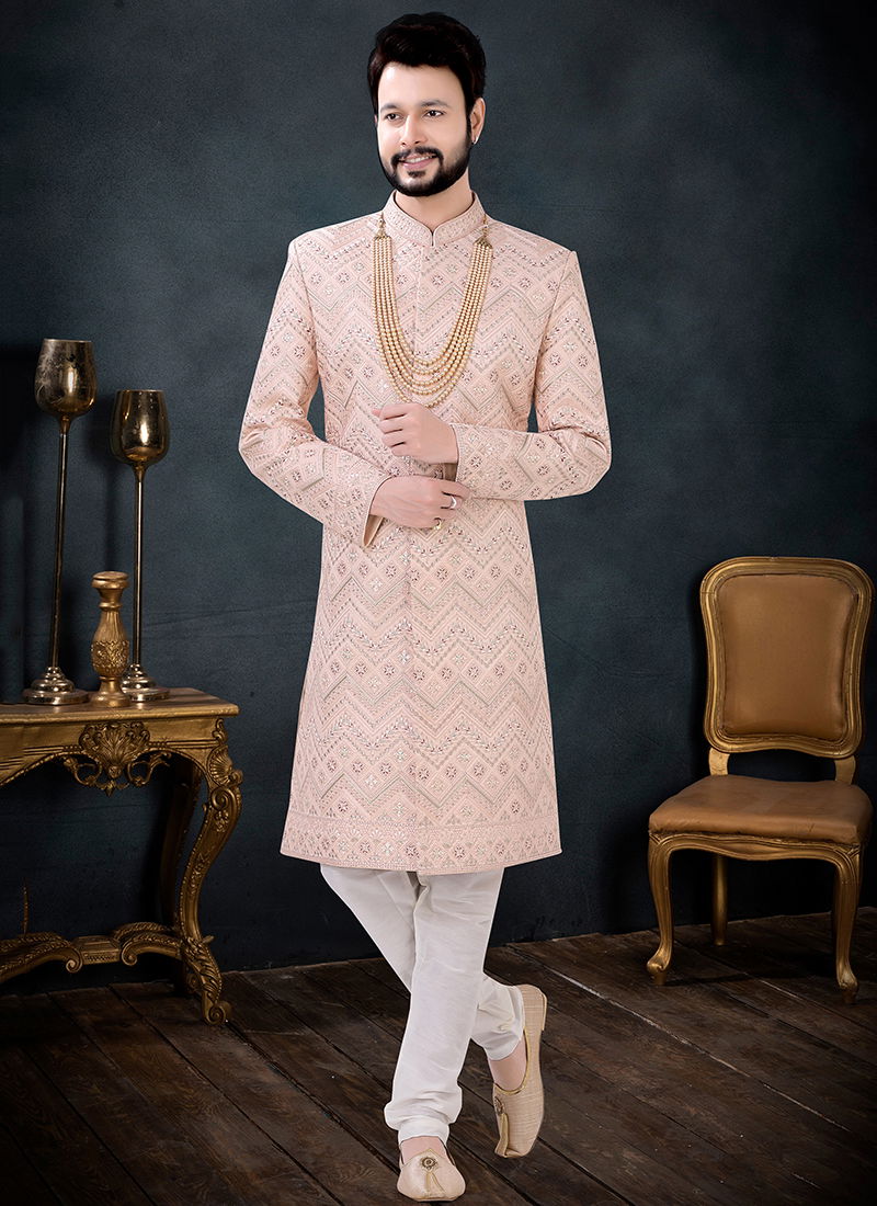 Light Peach And White Wedding Wear Mens Wholesale Indo Western 1695