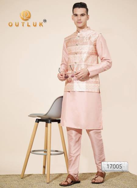 Light Peach Colour Outluk Wedding Collection Vol 17 Jaquard Mens Modi Jacket Kurta Pajama Exporters In India 17005