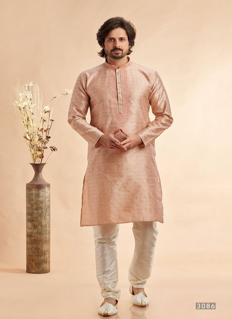 Light Peach Colour Vol 93 Occasion Wear Jaquard Art Silk Mens Kurta Pajama Wholesale Online 3086