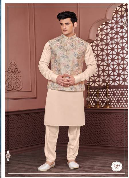 Light Peach Colour Wedding Wear Art Embroidered Banarasi Silk Mens Modi Jacket Kurta Pajama Wholesale Manufacturers 2394