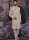 Light Peach Georgette Lucknawi Embroidered Fabric Wedding Designer Sherwani 180574