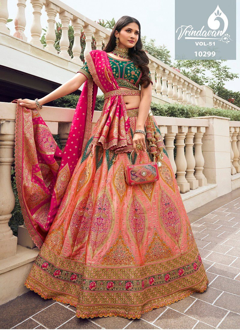 Light Peach Multi Colour Royal Vrindavan Vol 51 Silk Bridal Lehenga Choli Suppliers In India 10299