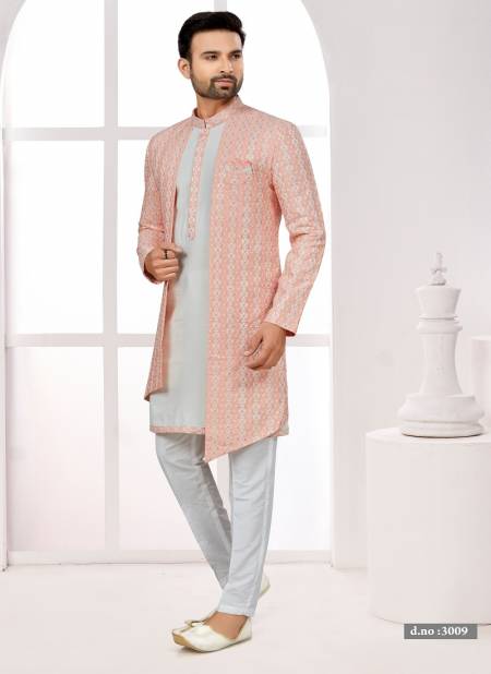 Light Peach and Off White Colour Party wear Indo Western Mens wear Catalog 3009