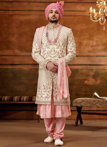 Light Pink And White Colour Designer Exclusive Wear Wholesale Sherwani Catalog 1023