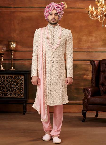 Light Pink And White Colour Heavy Wedding Wear Wholesale Sherwani Catalog 1018