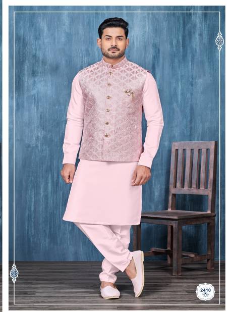 Light Pink Colour Designer Party Wear Art Embroidered Banarasi Silk Mens Modi Jacket Kurta Pajama Wholesale Online 2410