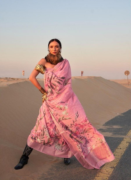 Light Pink Colour Kaffyn By Rajtex Printed Handwoven Linen Sarees Wholesale Market In Surat 380005
