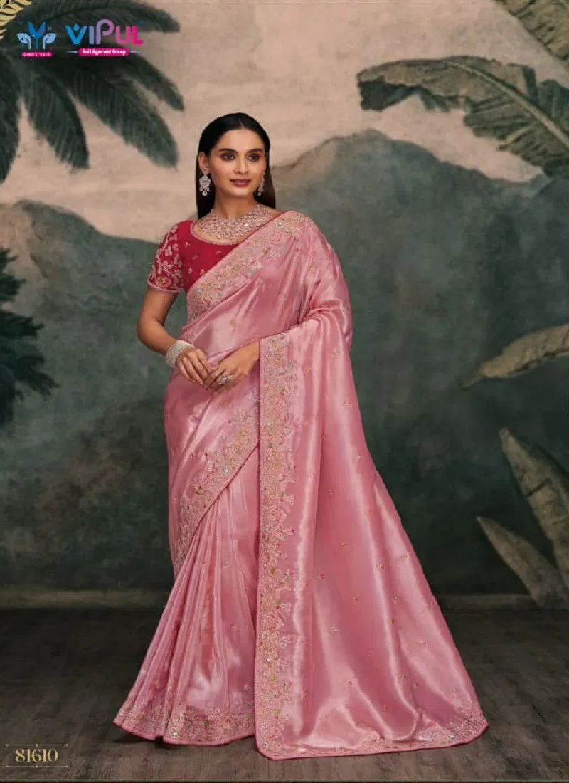 Light Pink Colour Zari By Vipul Organza Party Wear Saree Wholesale Shop In India 81610