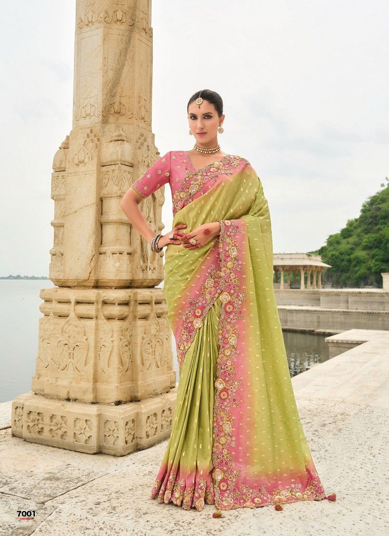 Light Pink Green Colour Anaara By Tathastu 7001 To 7011 Series Viscose Tissue Silk Wedding Wear Saree Suppliers in Mumbai TE 7001