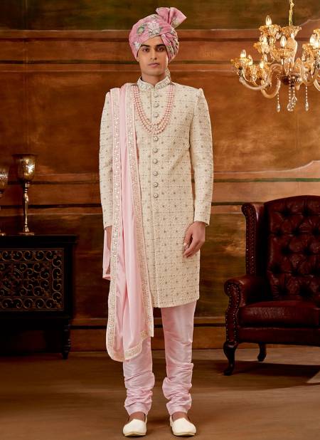 Light Pink Heavy Wedding Wear Wholesale Sherwani Catalog 1016