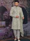 Light Pista Art Embroidered Banarasi Silk Wedding Sherwani with Stole 180582