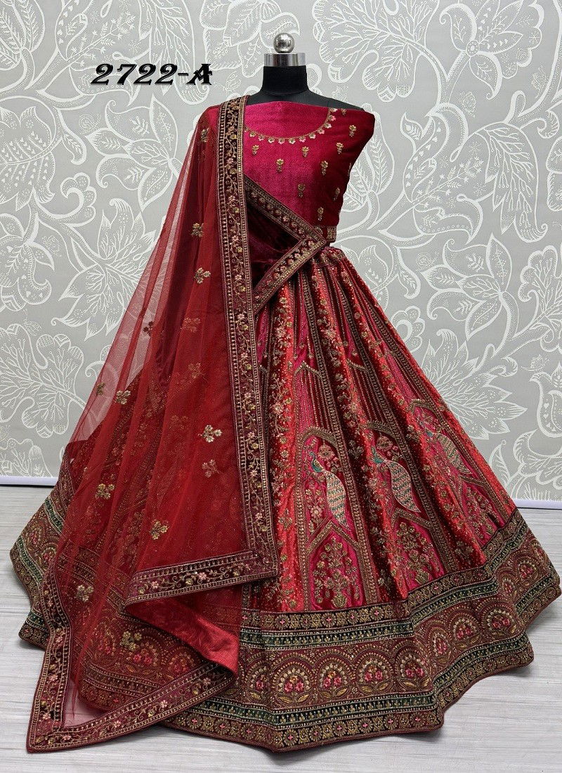 Light Red Multi Colour 2723 A To 2722 C by Anjani Art Velvet Embroidery Bridal Lehenga Choli Exporters In India 2722-A