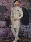 Light Sea Green Art Embroidered Banarasi Silk Wedding Sherwani 180567