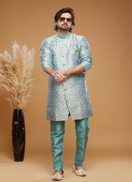 Light Turquoise Blue Colour Exclusive Partywear Menswear Indo Western Catalog 2448