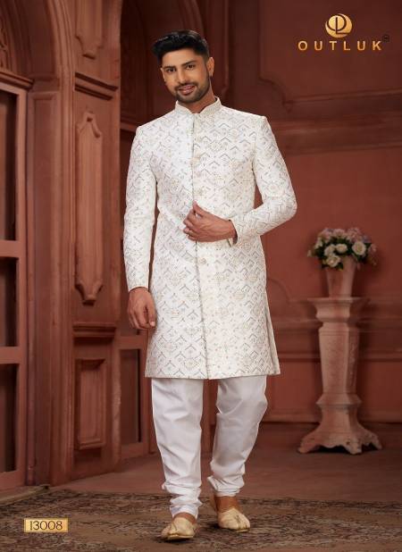Light White Colour Outluk Wedding Collection Vol 13 Heavy Silk Mens Wear Sherwani Manufacturers 13008