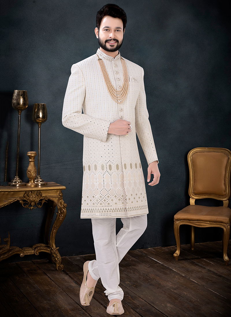 Light White Colour Wedding Wear Mens Wholesale Indo Western 1691