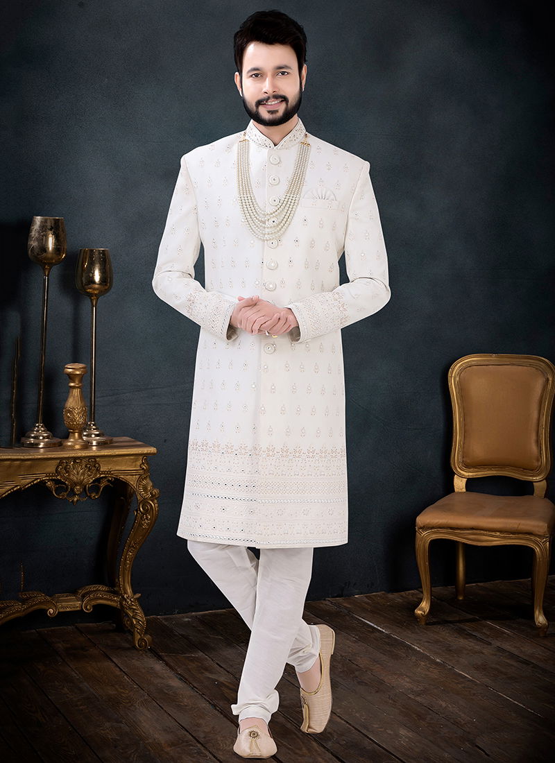 Light White Wedding Wear Mens Wholesale Indo Western 1696