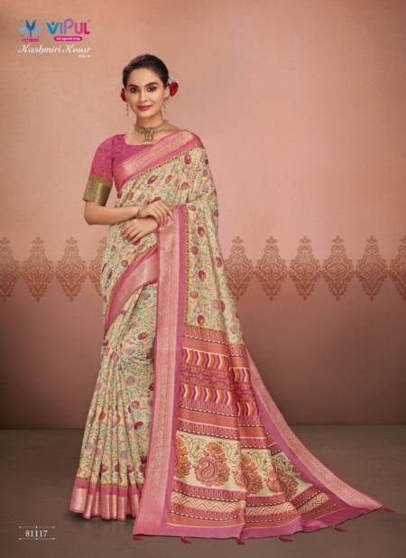 Light Yellow And Pink Colour Kashmiri Kesar Vol 4 By Vipul Silk Printed Wear Sarees Wholesale Price In Surat 81117