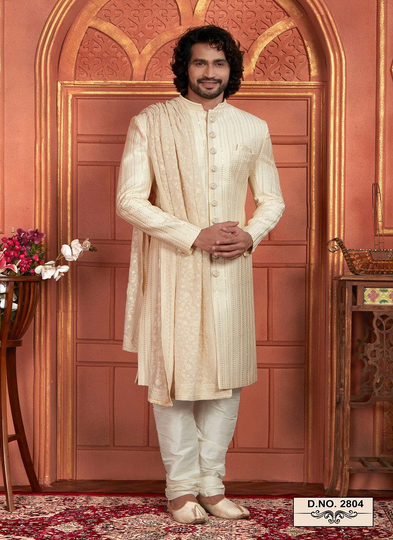 Light Yellow Colour 1642 Wedding Mens Wear Art Silk Sherwani Suppliers In India 2804