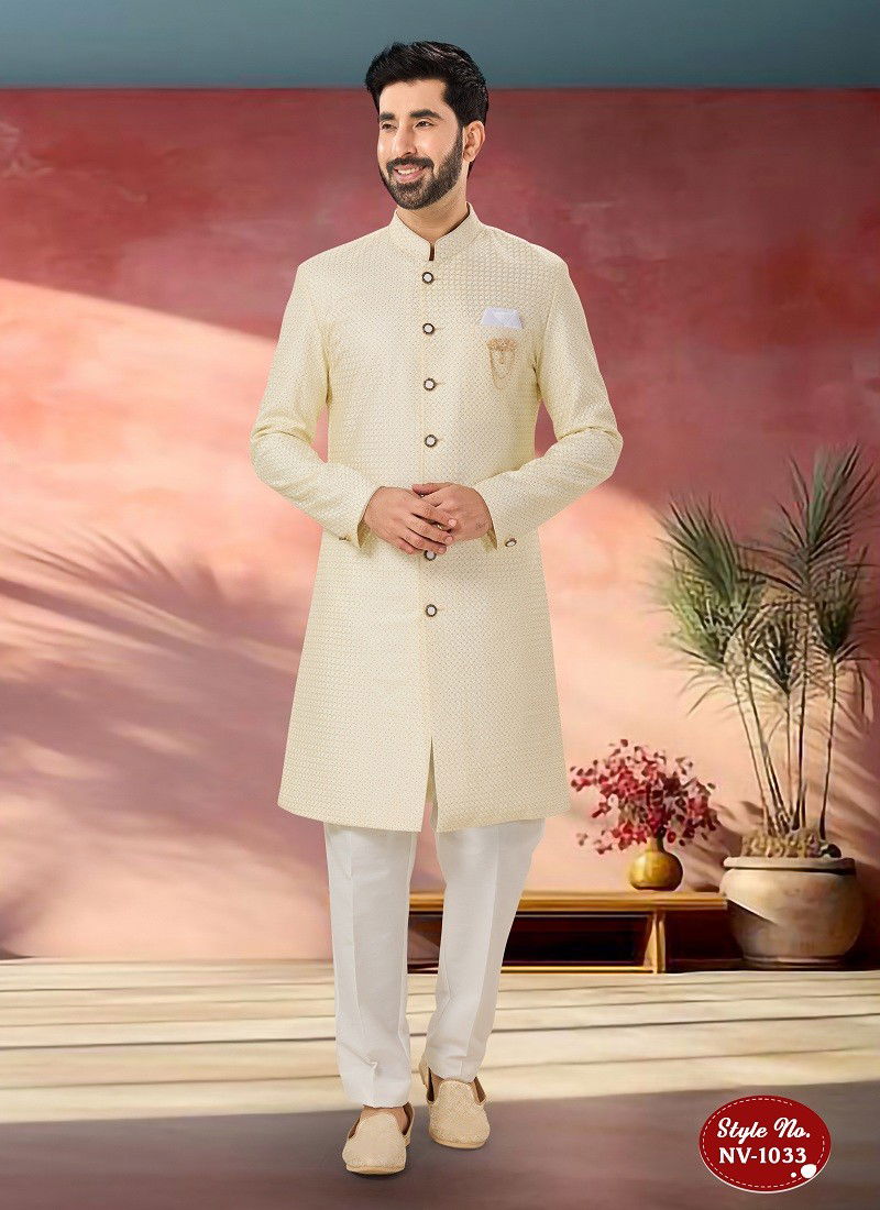 Light Yellow Colour 1651 1 Occasion Wear Mens Indo Western Wholesale Shop In Surat NV 1033