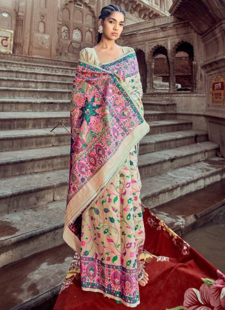 Light Yellow Colour Kani Pashmina Fancy Wear Wholesale Printed Sarees 70006