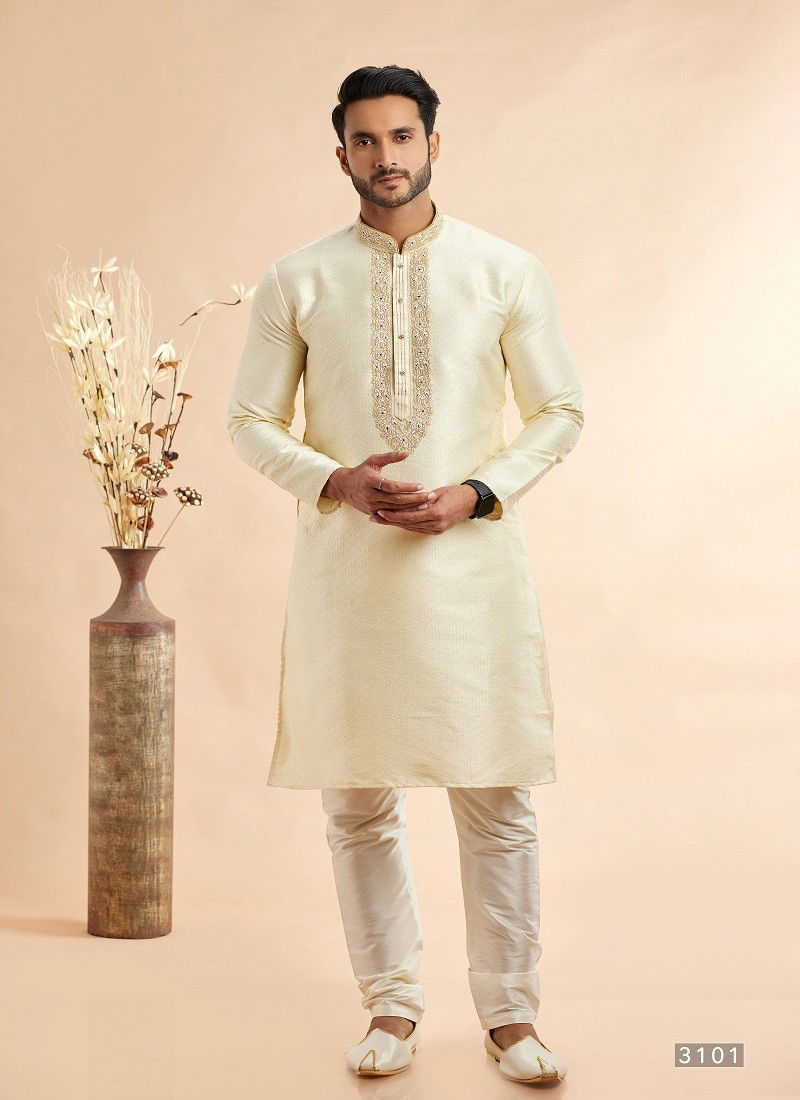 Light Yellow Colour Vol 94 Function Wear Jaquard Art Silk Mens Kurta Pajama Orders In India 3101