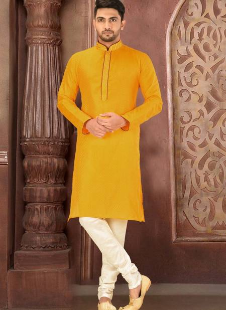 Machine Work in Neck With Pipein Art Silk Yellow Color Kurta Payjama Collection AC DUP All Chks 04