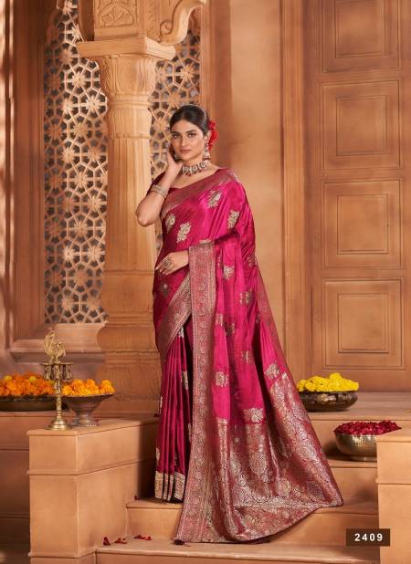 Magenta Colour Banarasi Fusion Vol 2 By AV Satin Silk Wedding Wear Saree Exporters In India 2409