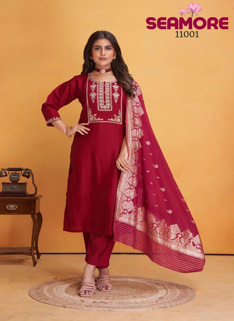 Magenta Colour Dulhan By Seamore Roman Silk Embroidery Kurti With Bottom Dupatta Exporters In India 11001