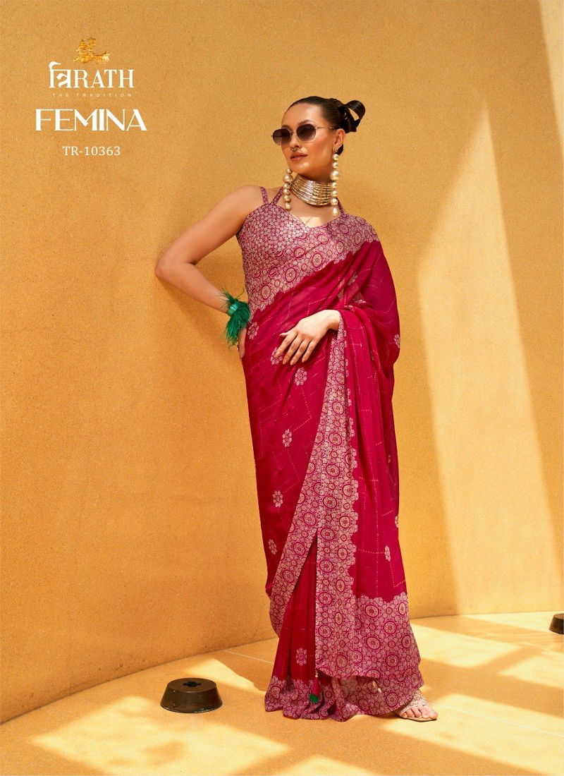 Magenta Colour Femina By Trirath Daani Georgette Foil Printed Saree Orders In India TR-10363