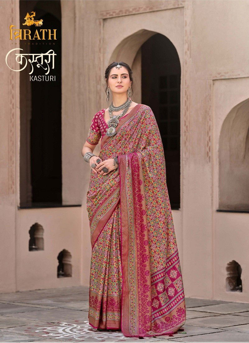 Magenta Colour Kasturi By Trirath Sigma Silk Wedding Wear Saree Wholesale In India 10447