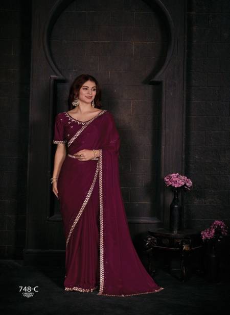 Magenta Colour Mehek 748 A TO F Pure Satin Georgette Party Wear Saree Wholesale Price In Surat 748-C