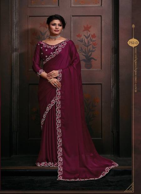 Magenta Colour Mehek 752 A TO F Pure Satin Chiffon Party Wear Saree Wholesale Clothing Distributors In India 752-D
