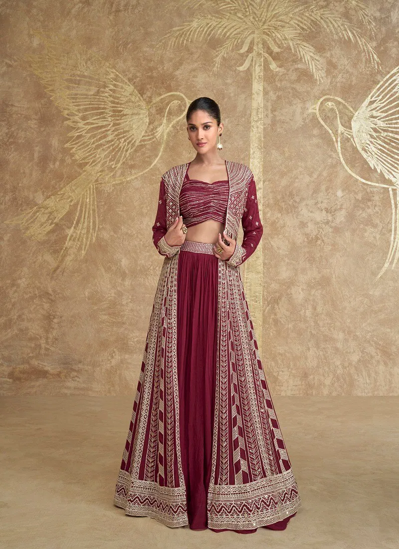 Magenta Colour Tyohaar By Sayuri Designer Chinon Silk Indo Western Lehenga Suppliers In India 5622