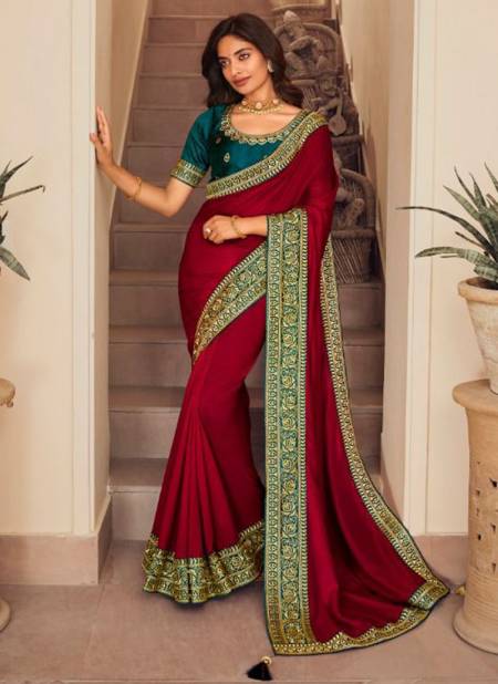 Traditional Designer Saree Embroidered Vichitra Silk in Maroon -