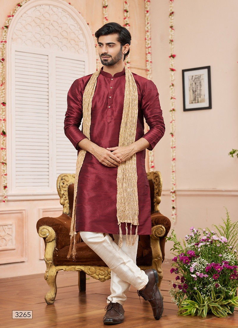 Maroon And Gold Colour 1644 Function Wear Art Silk Mens Kurta Pajama With Dupatta Orders In India 3265