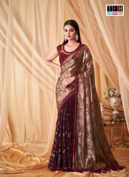 Maroon And Gold Colour Sparkle 4 TFH New Latest Georgette Designer Party Wear Saree Suppliers In India SPA-7601