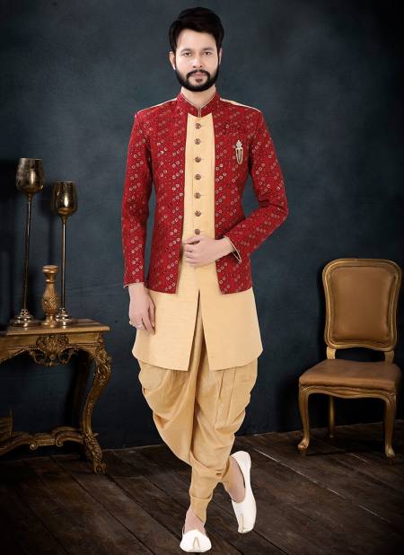 Maroon And Gold Party Wear Mens Wholesale Indo Western 1728