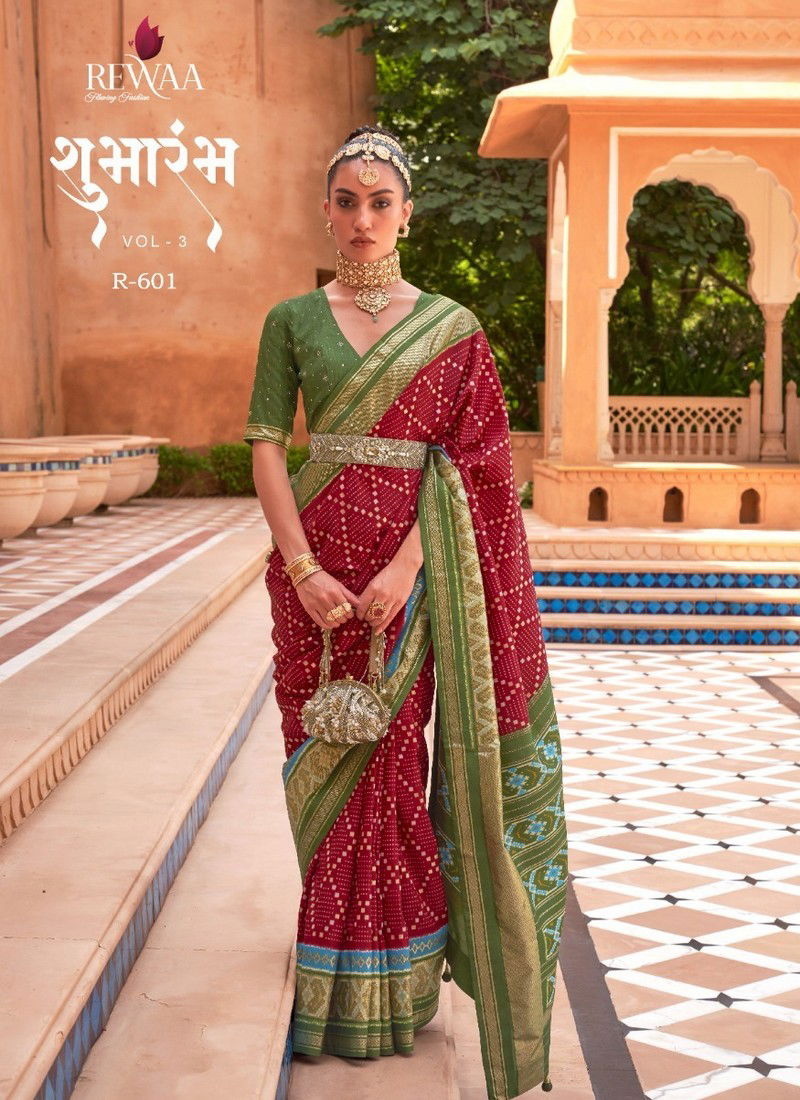 Maroon And Green Colour Shubharambh Vol 3 By Rewaa Printed Saree Catalog 601