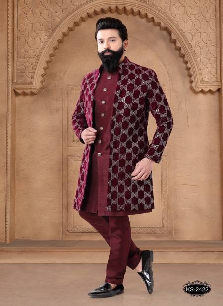 Maroon And Silver Colour 1632 Occasion Wear Mens Silk Designer Modi Jacket Kurta Pajama Orders In India 1632-KS 2422