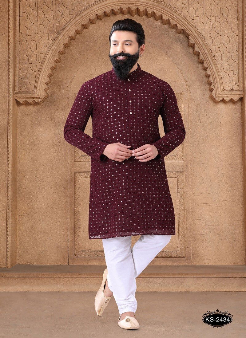 Maroon And White Colour 1632 Wedding Mens Wear Stright Kurta Pajama Wholesale Shop In Surat 1632-KS 2434