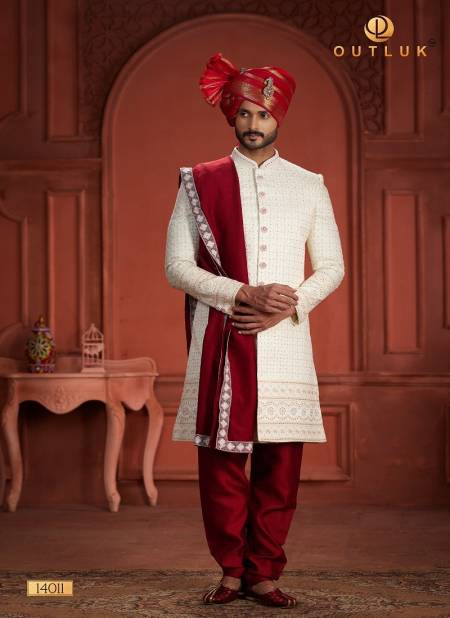 Maroon And White Colour Outluk Wedding Collection Vol 14 Pure Silk Mens Wear Sherwani Wholesale Online 14011